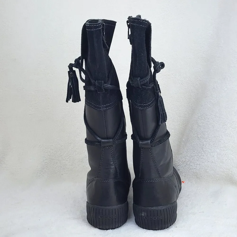 Geox Youth Black Suede Leather Zip Straps Mid Calf Comfort Winter Boots Size 3